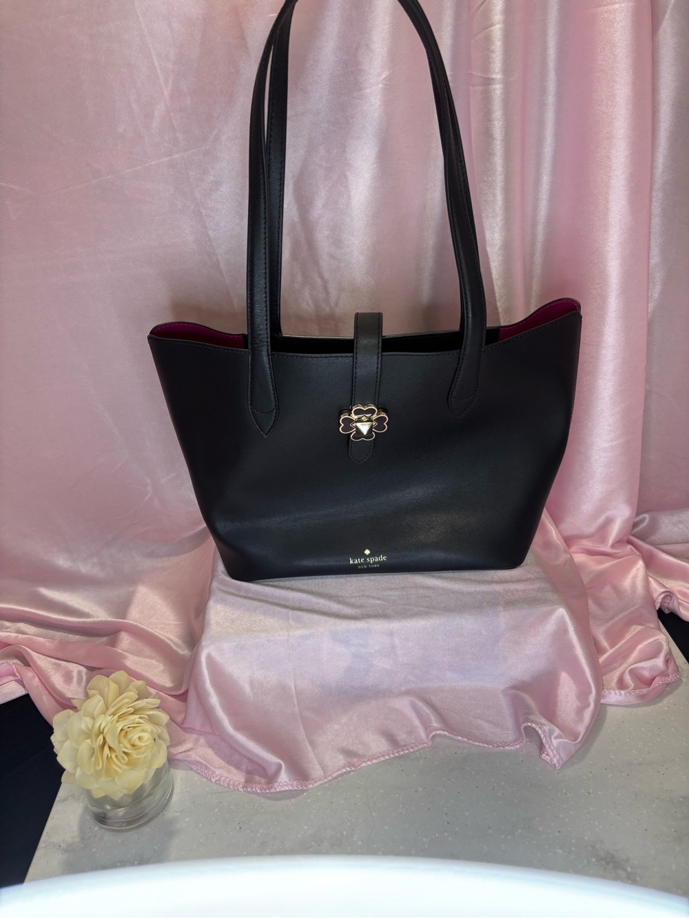 Kate Spade Black Tote with Pink Interior and Flower Charm